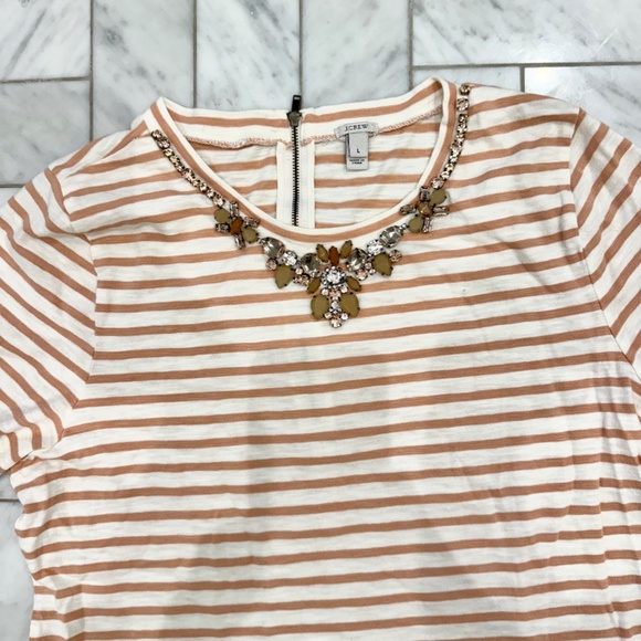 J.Crew 3/4 sleeve embellished neckline cream and peach striped tee - Picture 2 of 7